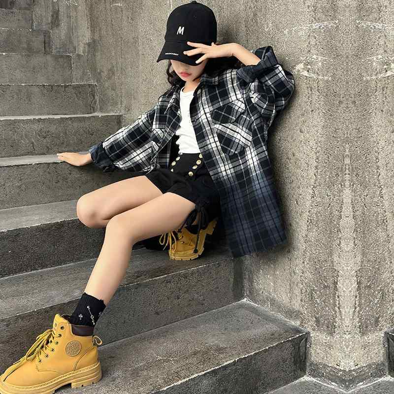 楽天AR企画　楽天市場店シャツ ガールズ 子供服 グラデーション 格子柄 長袖 トップス 韓国風 春秋 女の子 女児 キッズ ジュニア 綿 柔らかい