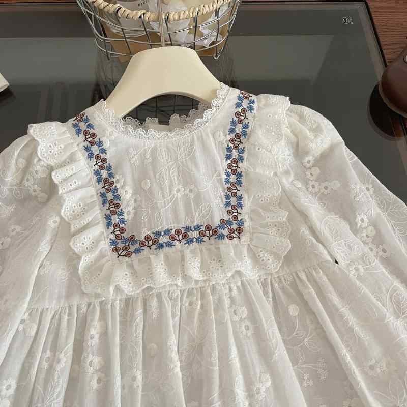 ワンピース 女の子 かわいい 花柄 刺繍 コットン 長袖 春秋 ベビー キッズ プリンセス チュニック 白 90 100 110 120 130 140cm