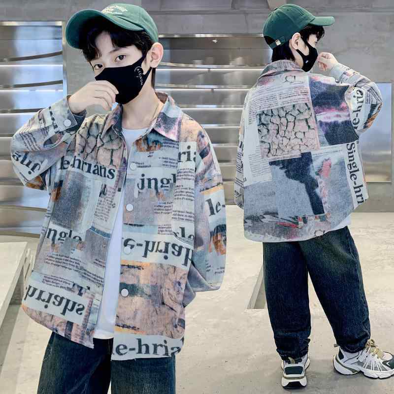 シャツ 男の子 キッズ トップス 長袖 コットン デニム 襟付き プリント 春秋 韓国風 子供服 中学生 高..