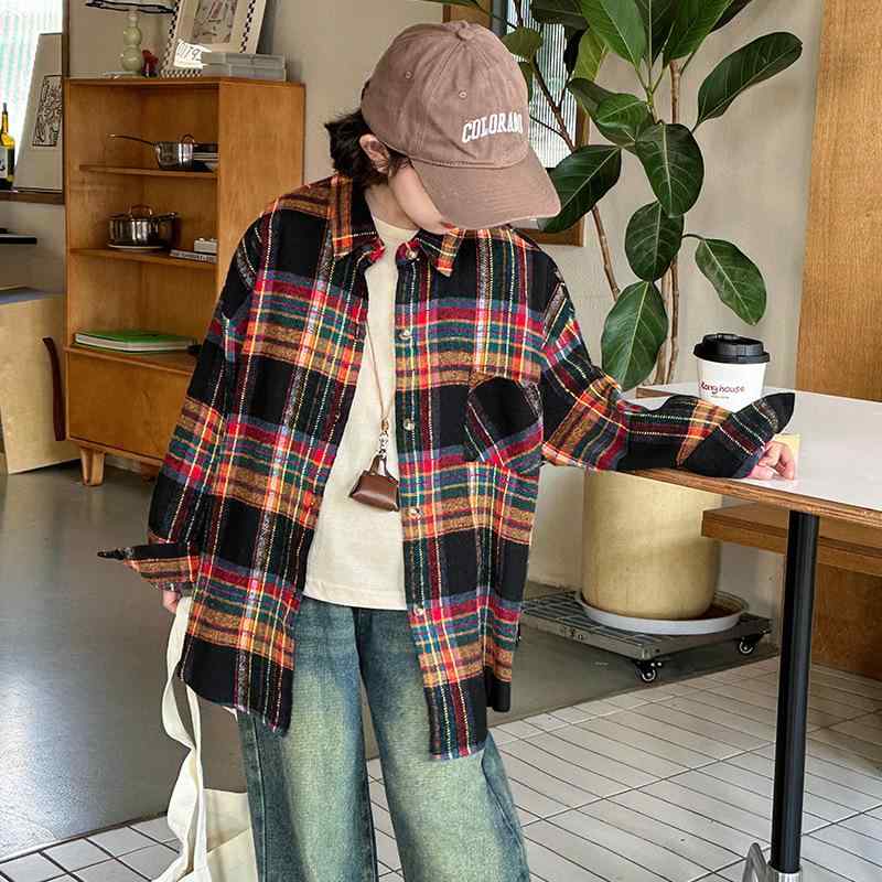 シャツ 女の子 子供 アメリカン レトロ チェック柄 トップス 春秋 中学生 高校生 カジュアル ゆったり ..