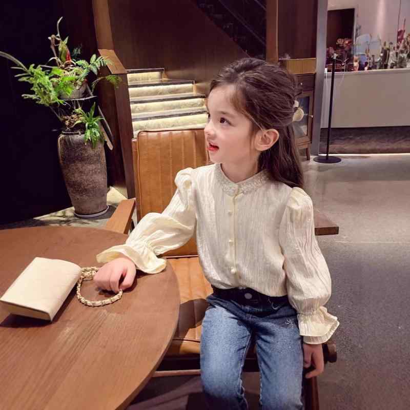 シャツ キッズ 女の子 春秋 長袖 立襟 ギャザー 杏色 トップス かわいい おしゃれ 普段着 通園 通学