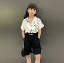 シャツ ガールズ 子供服 半袖 総柄プリント スーツ襟 ポリエステル100% 110cm 120cm 130cm 140cm 150cm ベージュ系(x3)
