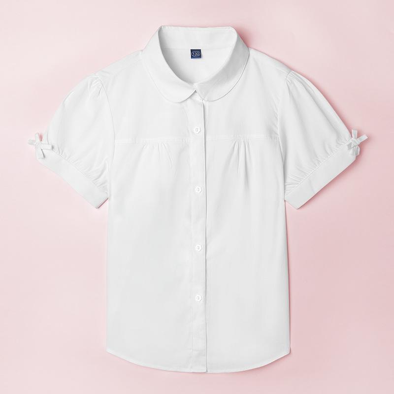 シャツ ガールズ 半袖 白 ブラウス キッズ 女の子 綿100% 蝶結び トップス 子供服 学生 制服 発表会 本白 130 140 150 160 170 180cm