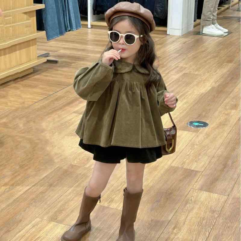 子供用シャツ 秋冬 女の子用 コーデュロイ ギャザーパフスリーブ ブラウス チュニック