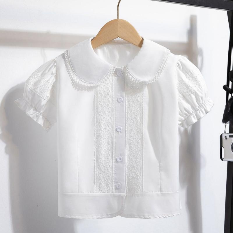 シャツ ガールズ 子供服 半袖 白 ブラウス 襟付き 綿100% パフスリーブ 夏 かわいい おしゃれ