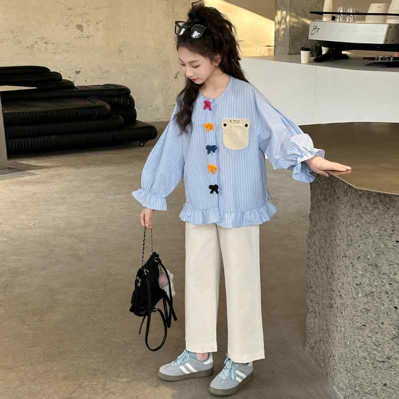 シャツ ガールズ 子供服 ストライプ 長袖 トップス 春秋 韓国風 カジュアル 普段着 発表会 習い事 120c..