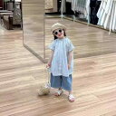 シャツ ガールズ 子供服 セットアップ ブルーストライプ 半袖 チュニック デニム ワイド パンツ 上下セット 綿80% 90cm 100cm 110cm 120cm 130cm 140cm 韓国風 かわいい