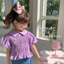 シャツ 女児 トップス 韓国風 ファッション ギャザー 長袖ブラウス ラッパ袖 紫 パープル 綿 ポリエステル 春夏 秋 かわいい ガーリー(x2)
