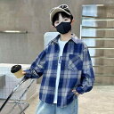 シャツ 男の子 長袖 格子柄 コットン 春秋 中学生 高校生 ブルー 120cm 130cm 140cm 150cm 160cm 170cm(x2)