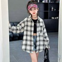 シャツ ガールズ 春物 長袖 格子柄 子供服 トップス 春秋 ミドル丈 ビッグシルエット 綿100% 130 140 150 160 170cm(x2)
