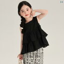 シャツ 女児用 ノースリーブ レイヤード フリル コットン100% ブラウス 子供服 トップス 無地 ブラック レッド 春夏(x2)