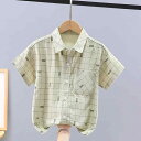 シャツ 男の子 半袖 格子柄 コットン トップス 子供服 夏服 カジュアル ミドル丈 ゆったり 柔らかい 白 緑(x2)