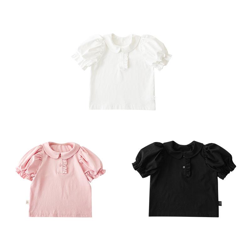 シャツ キッズ 女の子 子供服 トップス かわいい 半袖 翻領 パフスリーブ 無地 綿100% 通園 通学 春夏 80 90 100 110 120 130 140 ホワイト ブラック ピンク系