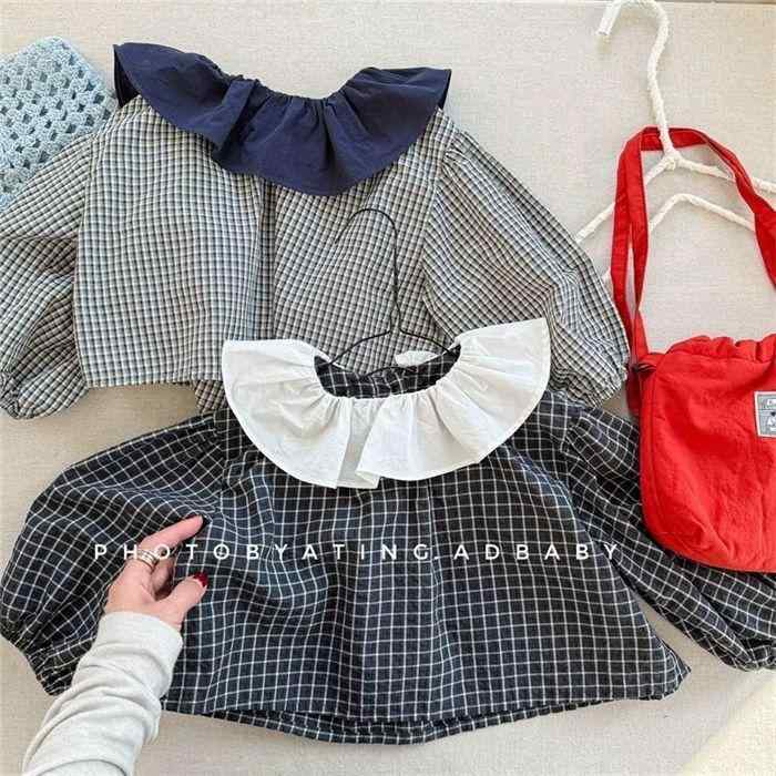 シャツ ベビー服 女の子 長袖 かわいい フリル 襟 80 90 100 110 120 130 春秋 綿 格子柄 韓国 森ガール