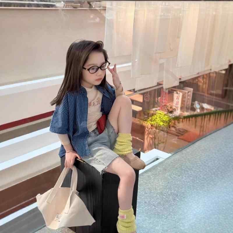 シャツ ガールズ 子供服 韓国風 ブルー チェック柄 五分袖 コットン ブラウス レトロ かわいい トップ..