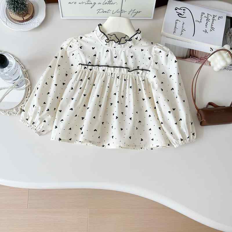 子供用シャツ 女の子 長袖 愛心柄 娃娃衫 ブラウス 韓国風 90cm 100cm 110cm 120cm 130cm 140cm 綿75% ..