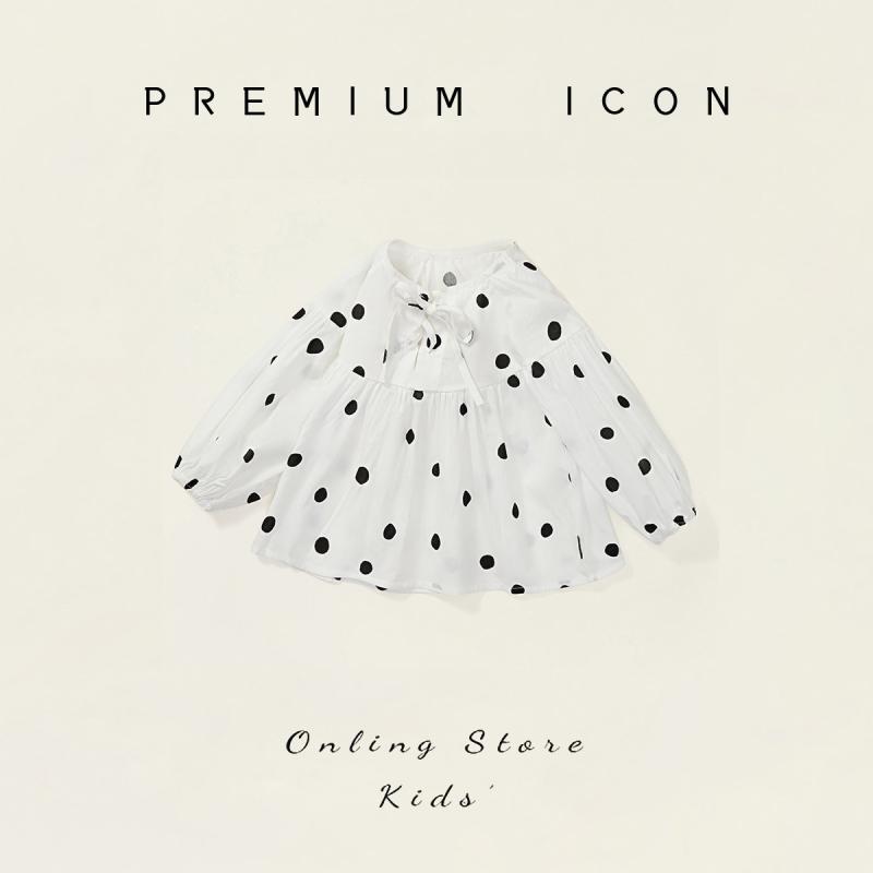 シャツ ガールズ 子供服 春秋 長袖 丸首 ドット柄 水玉模様 パフスリーブ トップス ブラウス 韓国風 かわいい 綿100% 通園 通学(x2)