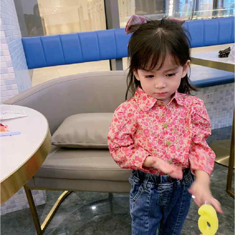 シャツ ガールズ 子供服 小花柄 襟付き トップス 長袖 綿 3歳 4歳 5歳 6歳 7歳 8歳 秋
