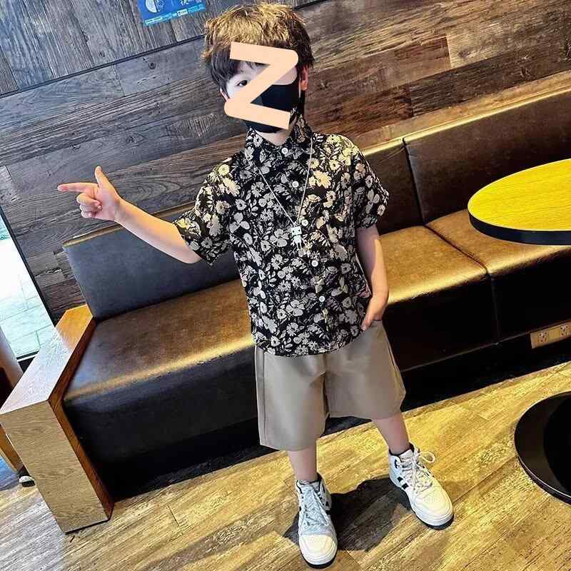 シャツ 男の子 親子 ペア 春秋 花柄 半袖 レトロ カジュアル 港風 ポリエステル