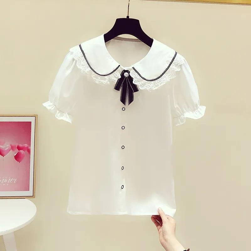 シャツ キッズ 女の子 子供服 夏服 半袖 レース 襟付き パフスリーブ ブラウス トップス カットソー 中学生 高校生 通学 普段着 かわいい ホワイト