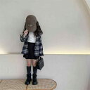 シャツ 子供服 女の子 韓国風 春秋 長袖 格子柄 トップス 白 春秋 黒 プリーツスカート セットアップ