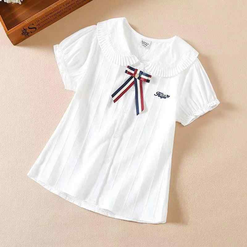 シャツ ガールズ キッズ 半袖 夏物 子供服 ブラウス 丸襟 パフスリーブ コットン 白 かわいい 学院風 トップス 120cm 130cm 140cm 150cm 160cm 170cm(x2)