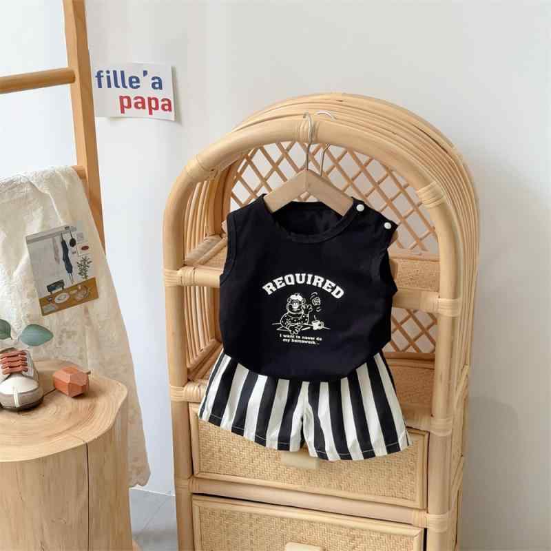 子供服 ベビー服 ノースリーブトップス 短パン 2点セット 薄手 男の子 幼児 1歳 2歳 3歳 綿混紡 黒 カ..