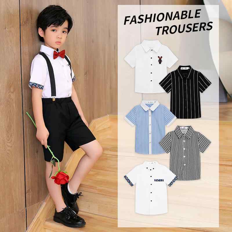 シャツ キッズ 半袖 学生 制服 トップス 男児 女児 子供服 綿 ストライプ 無地 立襟 接触冷感 酵素洗い..