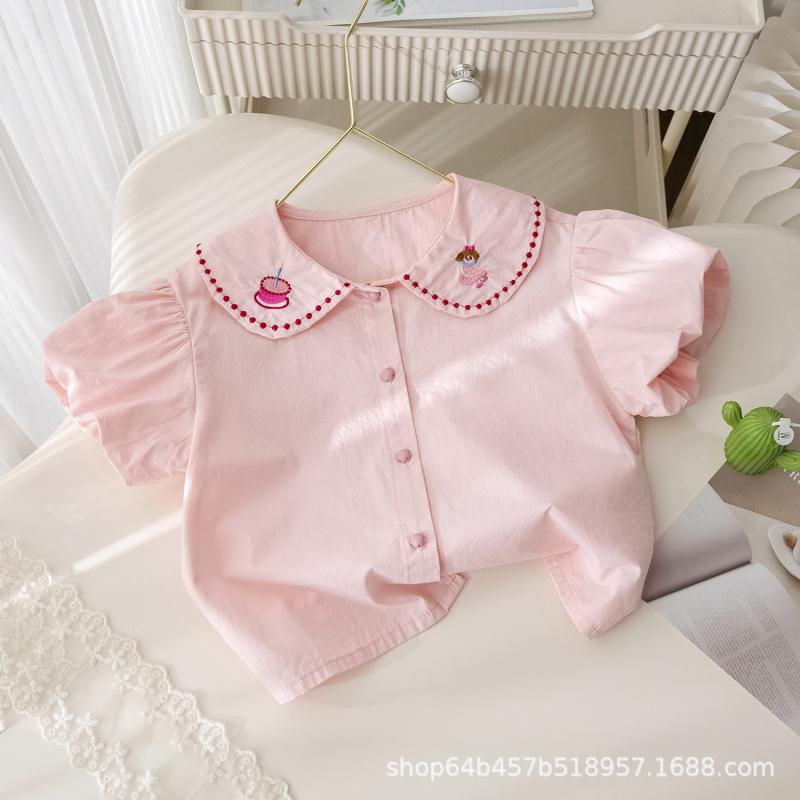 子供用シャツ ガールズ 半袖 刺繍 トップス パフスリーブ カットソー 綿 春夏 かわいい ゆったり ピンク系 ホワイト 80cm 90cm 100cm 110cm 120cm 130cm