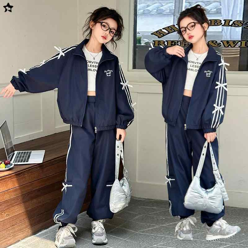 子供用セットアップ 春秋 女の子 大童 パンツセット 長袖 パーカー 蝶結び かわいい 藏青色 綿 120cm 1..