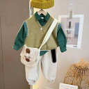 子供服 セットアップ 男の子 秋物 シャツ ニットベスト パンツ 3点セット 長袖 コットン 8歳以上 春秋 無地 グリーン ブラウン ベージュ 80 90 1...