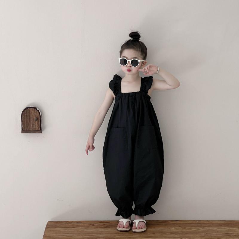 子供服 女の子 サロペットパンツ 韓国風 夏物 薄手コットン ノースリーブ オールインワン 長ズボン 9分丈 黒色 100cm 110cm 120cm 130cm 140cm 150cm