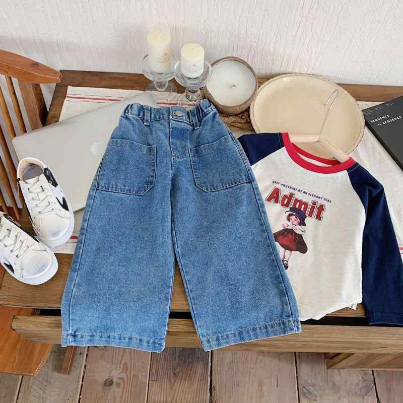 子供用ジーンズ 女の子 韓国風 デニム ワイドレッグパンツ 春秋 Bクラス 95%コットン 100cm 110cm 120c..