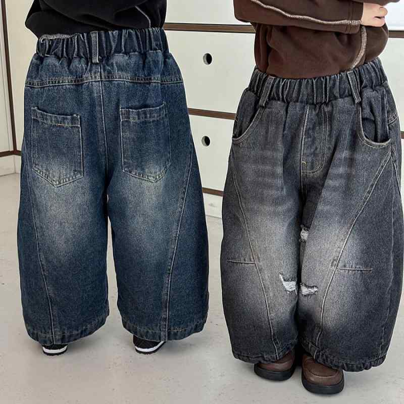 子供服 ジーンズ 男女兼用 ベビー 加絨 厚手 ルーズ ストレート ロングパンツ ブルー ブラック 80cm 90..