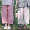子供用パンツ ガールズ 7分丈パンツ ワイドレッグパンツ 薄手 ゆったり 錦綿皺 聚酯纖維 ポリエステル 無地 ピンク系 ホワイト 120 130...