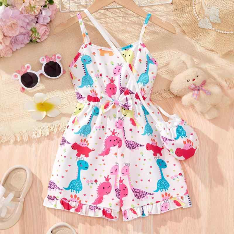 子供服 オールインワン 女児 恐竜柄 ショートパンツ ポリエステル カジュアル 春夏 1歳 2歳 3歳 4歳 5..