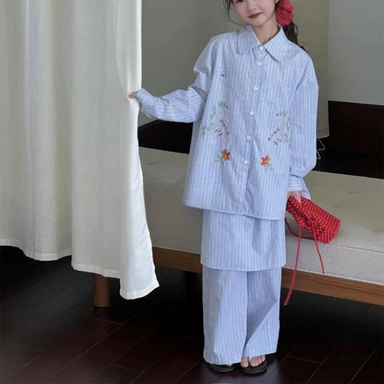 子供用セットアップ 女の子 ストライプシャツ パンツ 2点セット 春秋 中大サイズ 森ガール風 かわいい ..