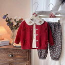 子供服 セットアップ 女の子 春秋 ニット セーター 長袖 トップス 花柄 リボン 3点セット 80 90 100 110 120 米白 赤
