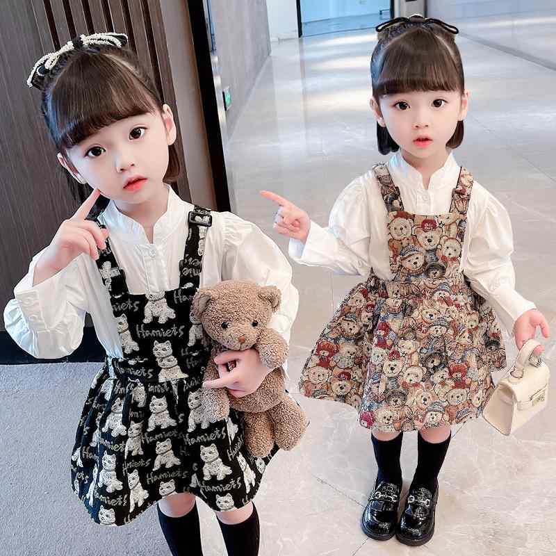 子供服 女の子 春秋物 2点セット シャツ ワンピース セットアップ 韓国風 かわいい おしゃれ 長袖 ブラ..