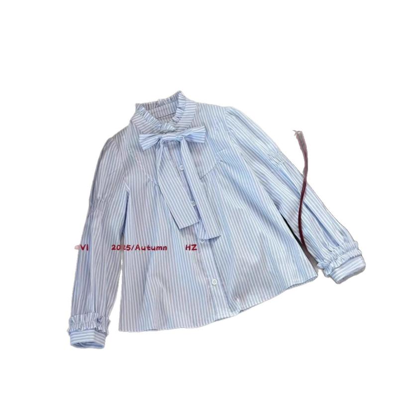シャツ キッズ 女の子 ストライプ柄 立襟 長袖 140cm以上 コットン 95% 通学着 普段着(x6)