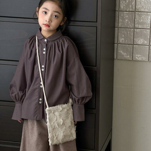 シャツ キッズ ガールズ 子供服 トップス 長袖 襟付き 無地 かわいい ゆったり グレー カーキ 秋