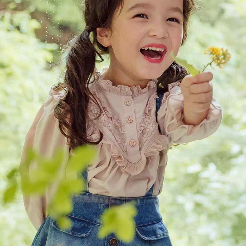 シャツ キッズ 女の子 レース 花柄襟 ブラウス パフスリーブ 長袖 秋物 子供服 ガールズ かわいい おしゃれ ブラウン ピンク系 アイボリー