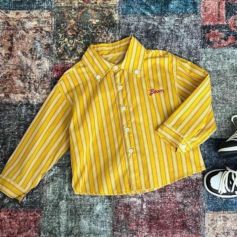 シャツ キッズ 秋物 ストライプ柄 長袖 トップス 男女兼用 子供服 黄色 綿