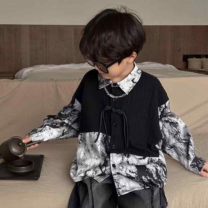 シャツ 子供服 男の子 長袖 和風 兎毛 水墨画風プリント カジュアル