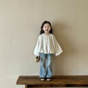 シャツ ガールズ 子供服 春秋 長袖 レース パフスリーブ ブラウス デニム パンツ 上下セット 100 110 120 130 140 かわいい おしゃれ(x...