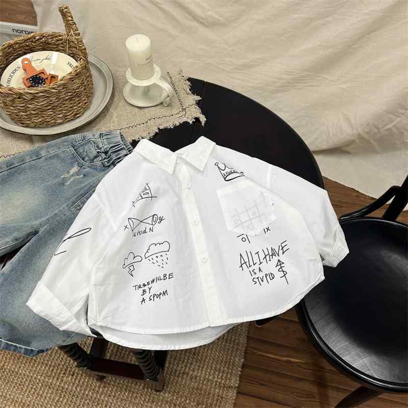 シャツ キッズ 長袖 韓国風 子供服 落書き柄 襟付き トップス 春秋 男の子 幼児 カジュアル かわいい ..