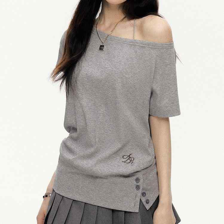 Tシャツ レディース アメリカン 綿 ポリエステル混紡 長袖 プルオーバー 無地 刺繍 ボタン ラウンドネ..