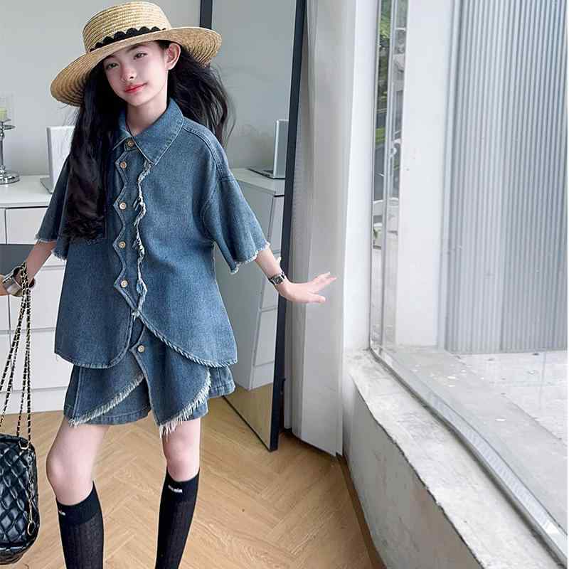 シャツ キッズ 女の子 デニム 半袖 セットアップ 子供服 夏物 上下 2点 セット ショートパンツ 薄手 120cm 130cm 140cm 150cm 160cm 170cm(4)