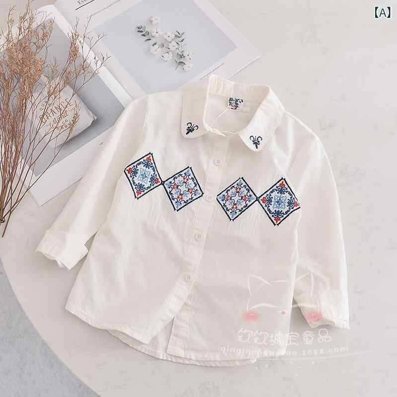 シャツ キッズ 女の子 子供服 トップス 長袖 綿 刺繍 ブラウス 襟付き 春夏 秋 百搭 かわいい 白 ホワ..