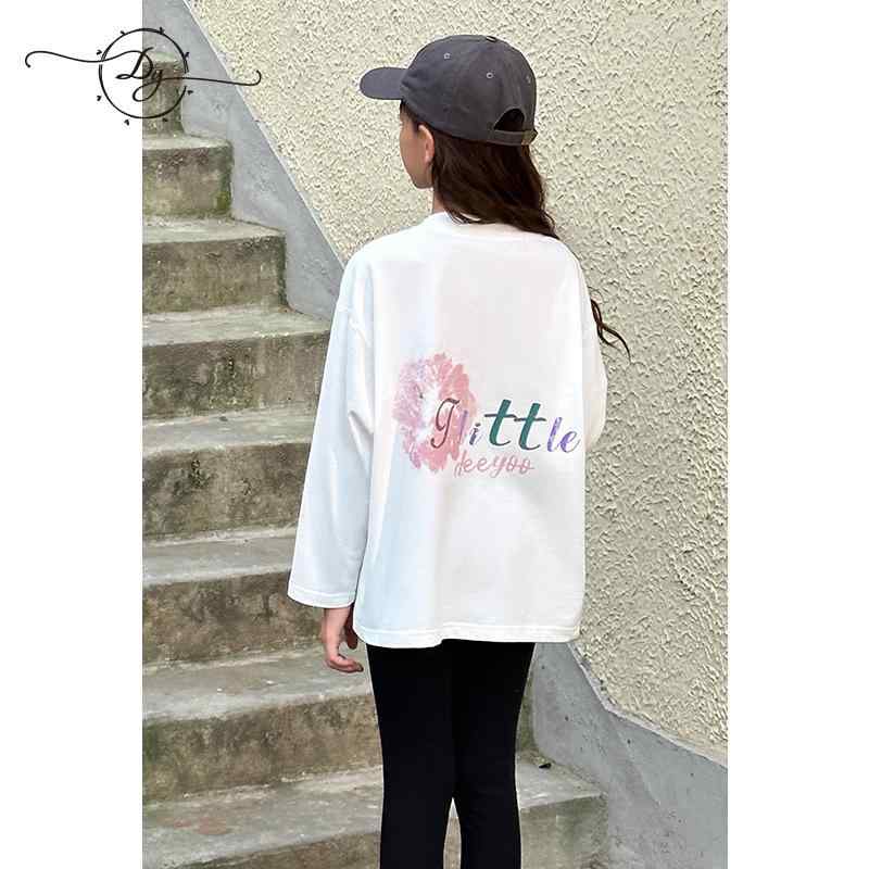 Tシャツ ガールズ 子供服 長袖 トップス 春秋 大童 綿100% 通気性 プリント ホワイト パープル 130cm 140cm 150cm 160cm 170cm
